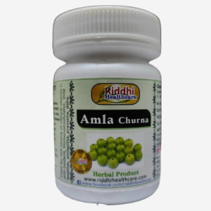 Amla Churna, a 100g bottle of herbal powder from Riddhi Healthcare. It's a GMP-certified Ayurvedic product used for its rich source of natural vitamin C, antioxidant properties, and potential benefits for digestion, immunity,, Hair Care and blood purifier