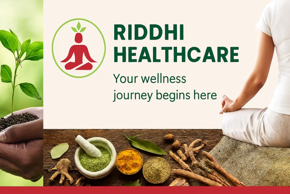 Ayurvedic herbs, yoga pose, and Riddhi Healthcare logo promoting holistic wellness