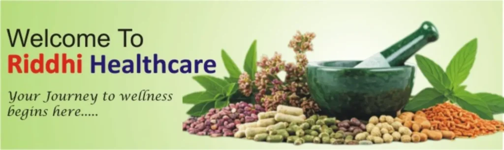 Riddhi Healthcare | Ayurvedic Wellness and Herbs 1 Welcome to Riddhi Healthcare - Your Journey to Wellness - GMP Certified Ayurvedic Medicine Manufacturer in Valsad, Gujarat with mortar and pestle, herbal tablets and natural ingredients