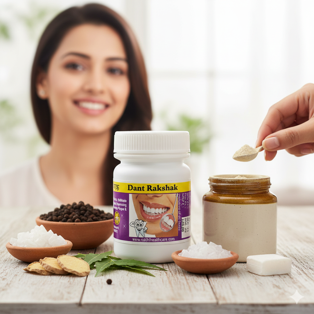 Dant Rakshak Dant Manjan Ayurvedic Tooth Powder used by a young woman on her index finger for sensitive teeth relief, showing the proper Ayurvedic gum massage technique.