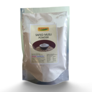 Riddhi Healthcare Original Safed Musli Powder (350gm) – 100% Pure White Musli for vitality, strength, and immunity support. Export quality, GMP certified.