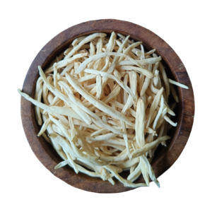 Original Safed Musli roots (Chlorophytum borivilianum) in wooden bowl - Premium quality raw herb from Valsad, Gujarat, India by Riddhi Healthcare