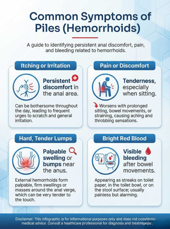 बवासीर का इलाज, बवासीर के लक्षण और उपचार - Piles symptoms infographic by Riddhi Healthcare