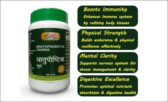Infographics showing a bottle of dhatupaushtik churna bottle manufactured by Riddhi Healthcare and some benefits