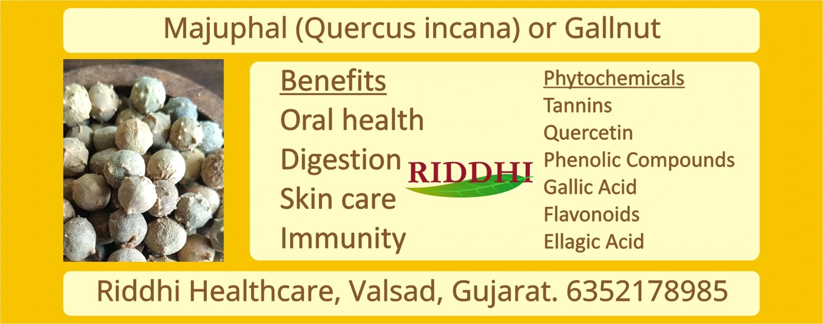 Quercus incana (Gallnut) or majuphal benefits for oral health, digestion, skin care, and immunity by Riddhi Healthcare