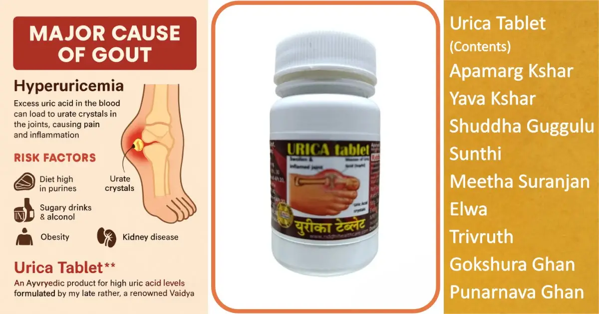 Infographic showing causes of gout including uric acid buildup, dietary risks, and joint inflammation. Shows the ingredients of Urica Tablet.