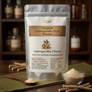 Super fine Ashwagandha Root Powder in a bowl with dried roots, along with ashwagandha churna 100gm pouch.